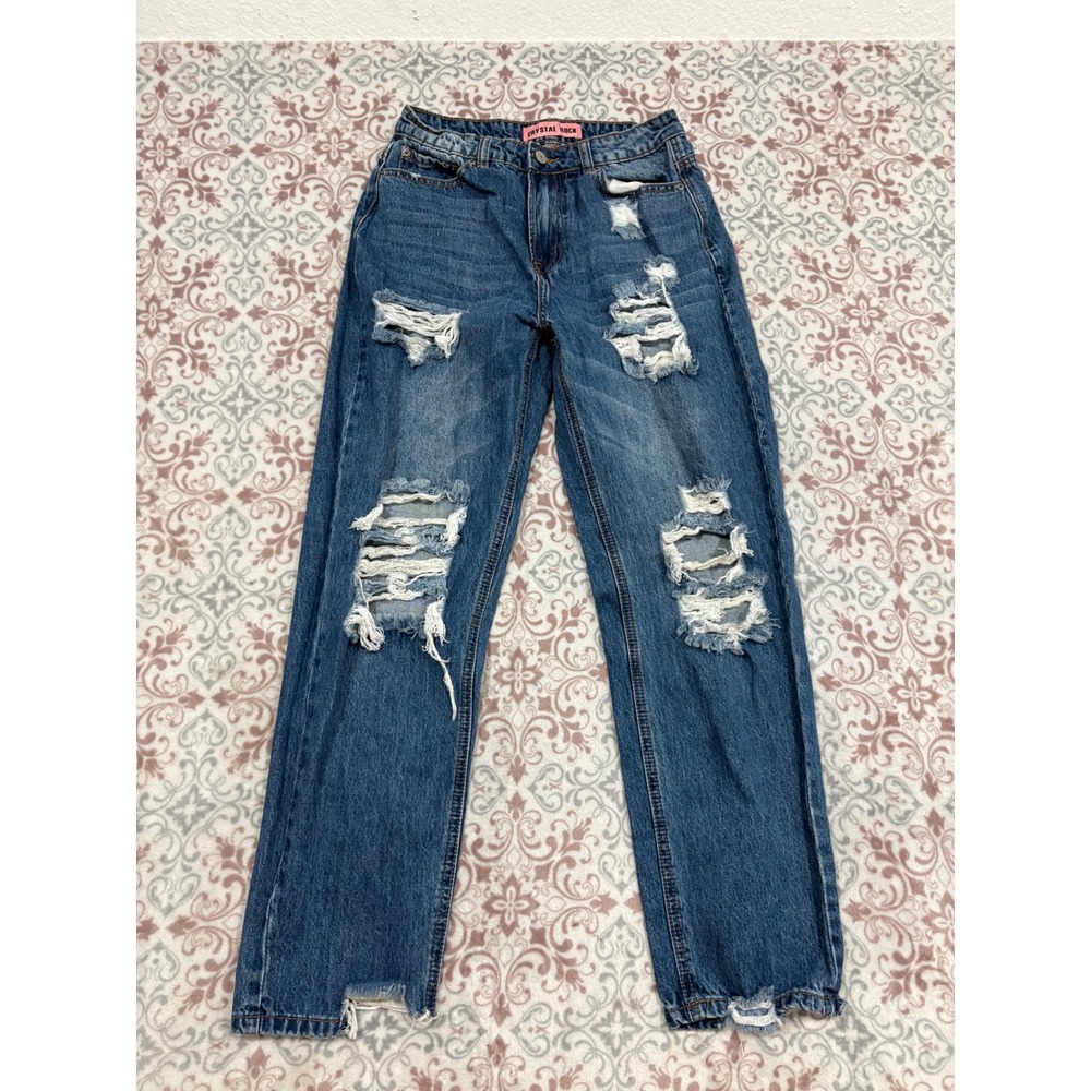 Crystal Rock Distressed Straight Leg Jeans Medium Wash High Rise Size 5